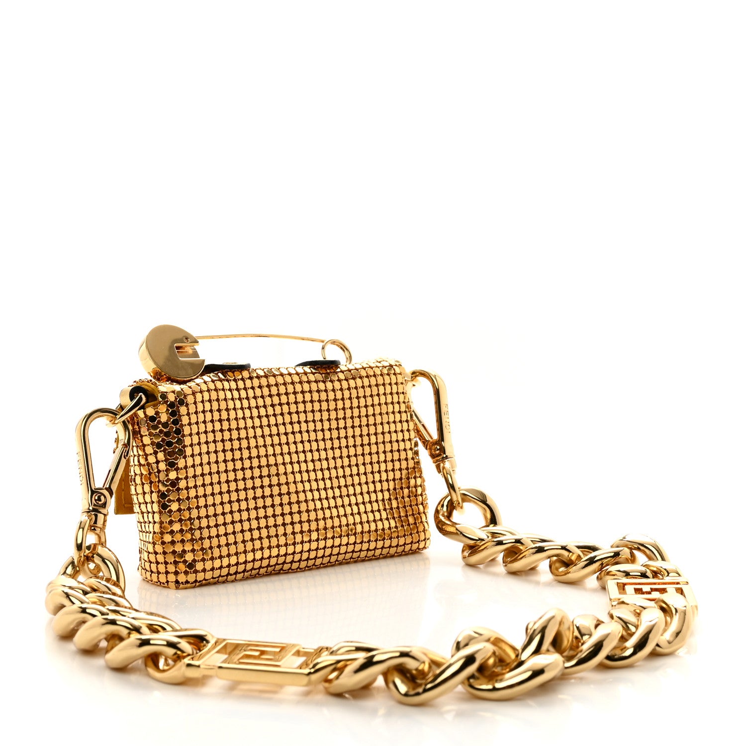Fendi X VERSACE Metal Chainmail Mesh Fendace Nano Brooch Baguette Gold 3 of 8
