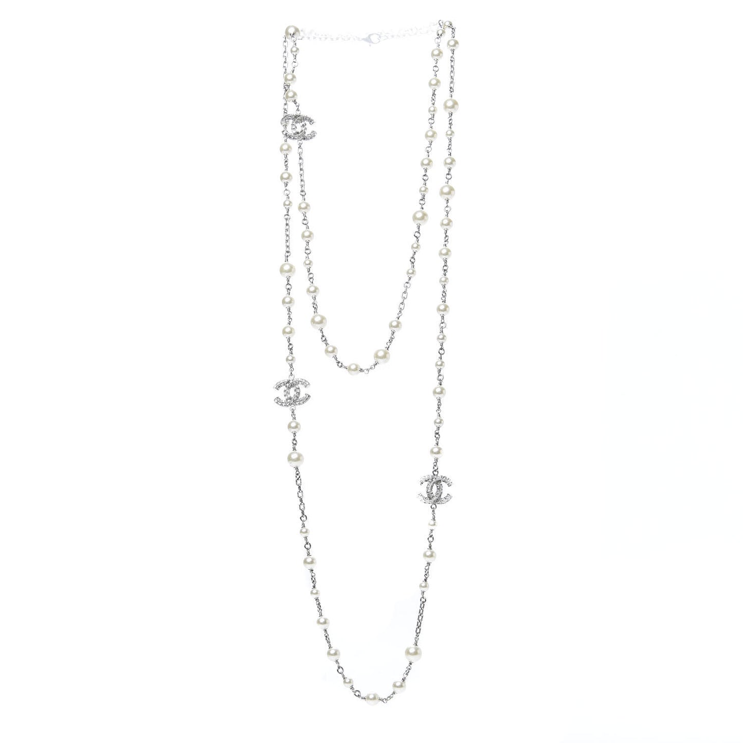 Crystal Pearl CC Long Necklace Silver