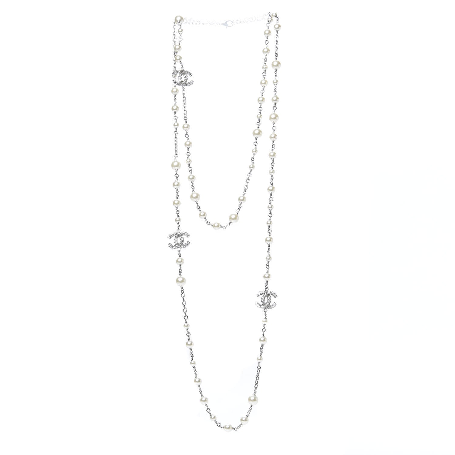 Chanel Crystal Pearl CC Long Necklace Silver 3 of 4