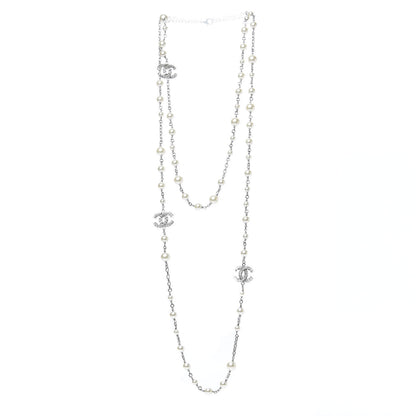 Chanel Crystal Pearl CC Long Necklace Silver 3 of 4