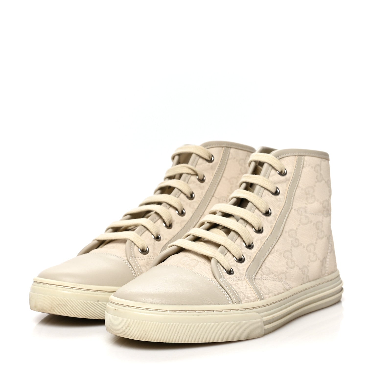 Gucci Washed Cotton GG Monogram Calfskin Womens High Top Sneakers 37 White Mystic White Great White 3 of 7