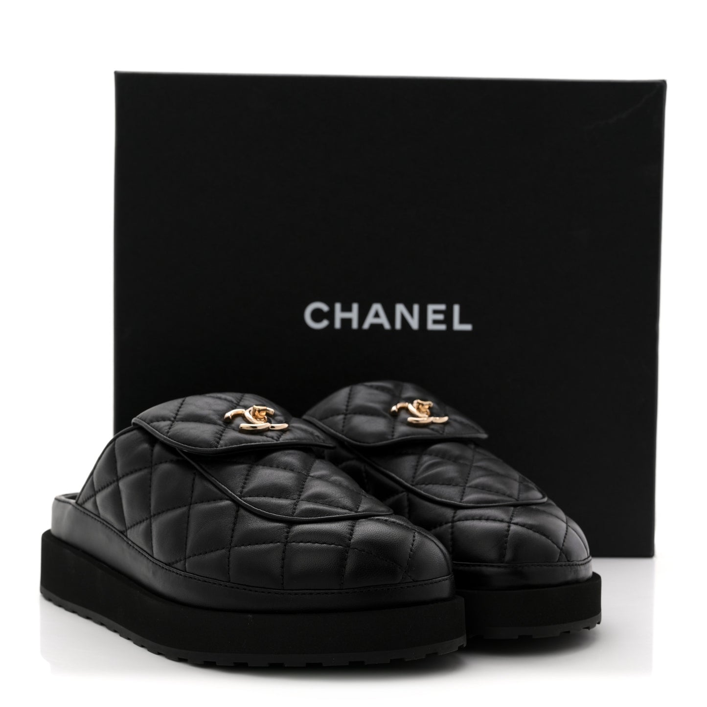Lambskin Quilted CC Turnlock Mules 38.5 Black