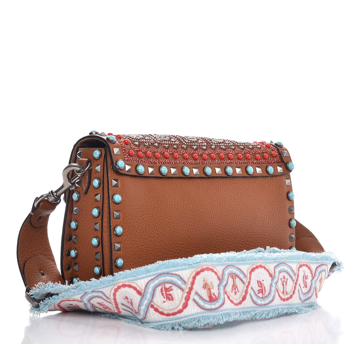 Calfskin Embroidered Medium Guitar Strap Rockstud Rolling Flap Saddle Bag Light Cuir