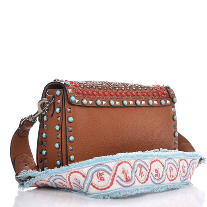 Valentino Garavani Calfskin Embroidered Medium Guitar Strap Rockstud Rolling Flap Saddle Bag Light Cuir 3 of 9