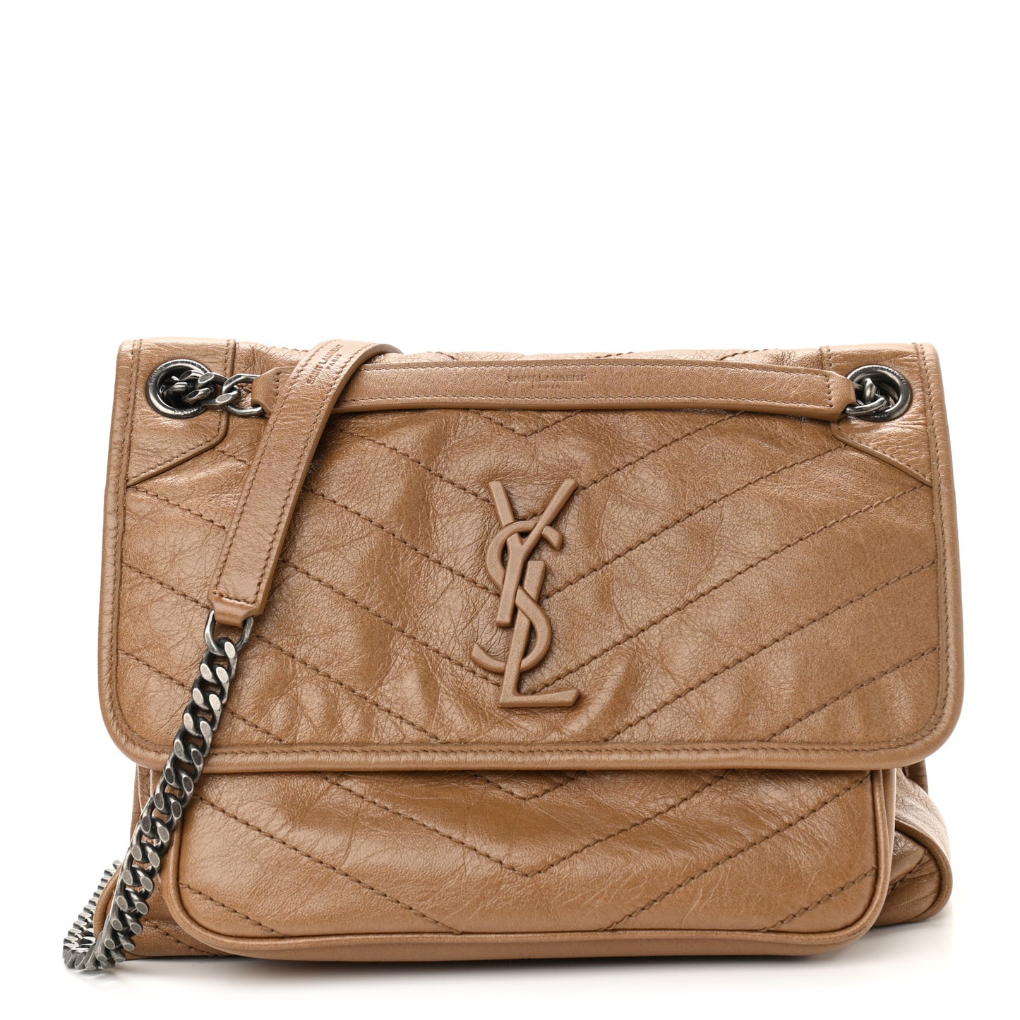 Crinkled Calfskin Matelasse Monogram Medium Niki Chain Satchel Natural Tan