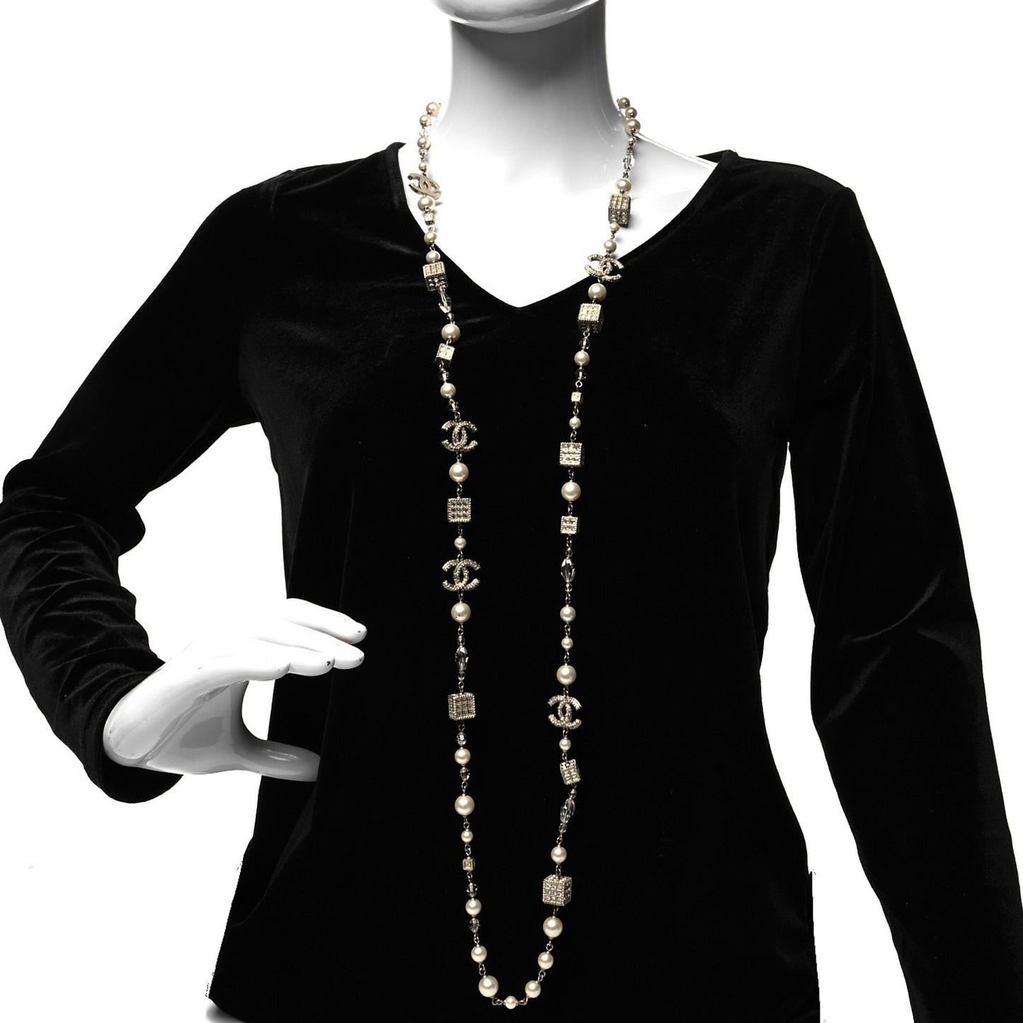 Pearl Bead Crystal CC Long Necklace Gold