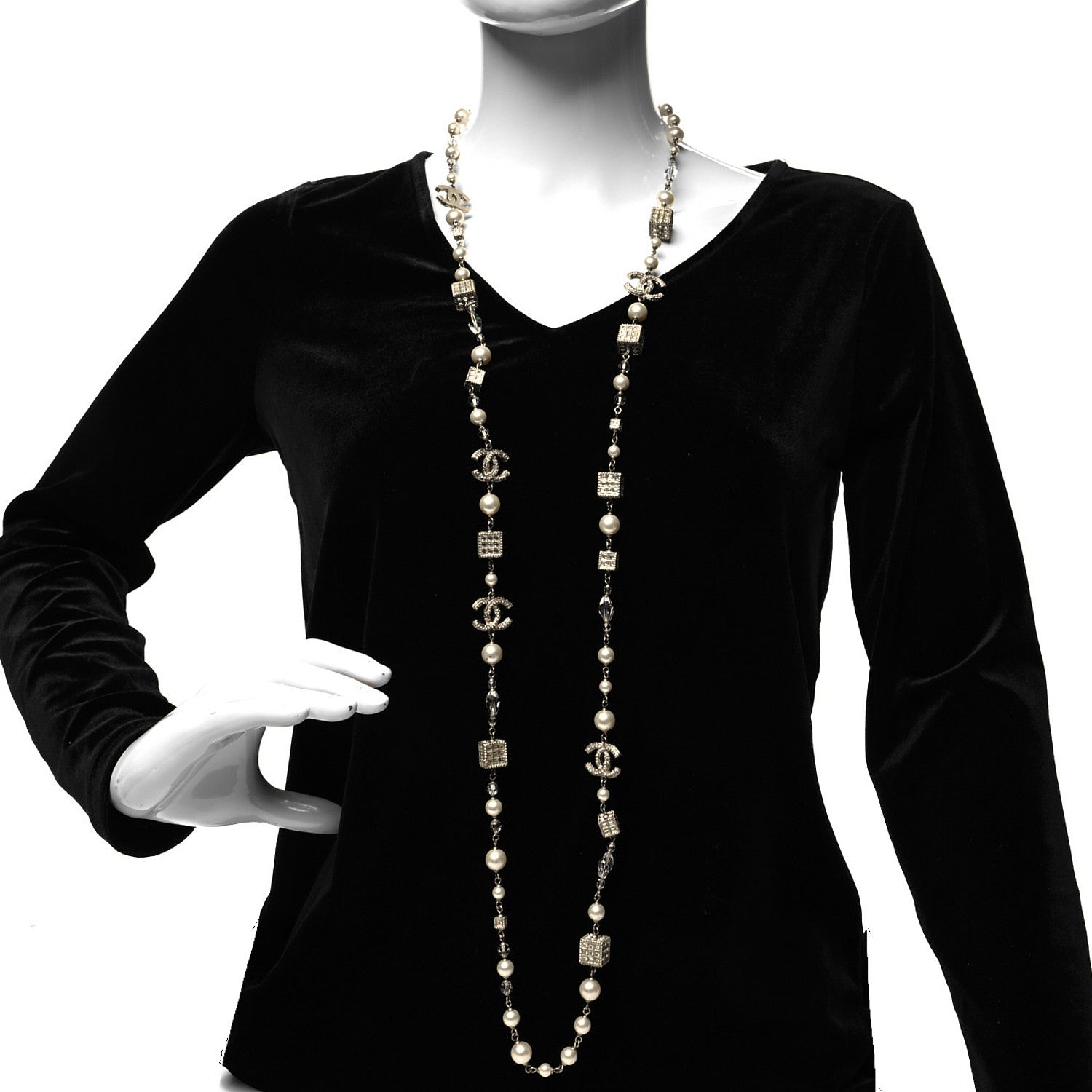 Chanel Pearl Bead Crystal CC Long Necklace Gold 2 of 6