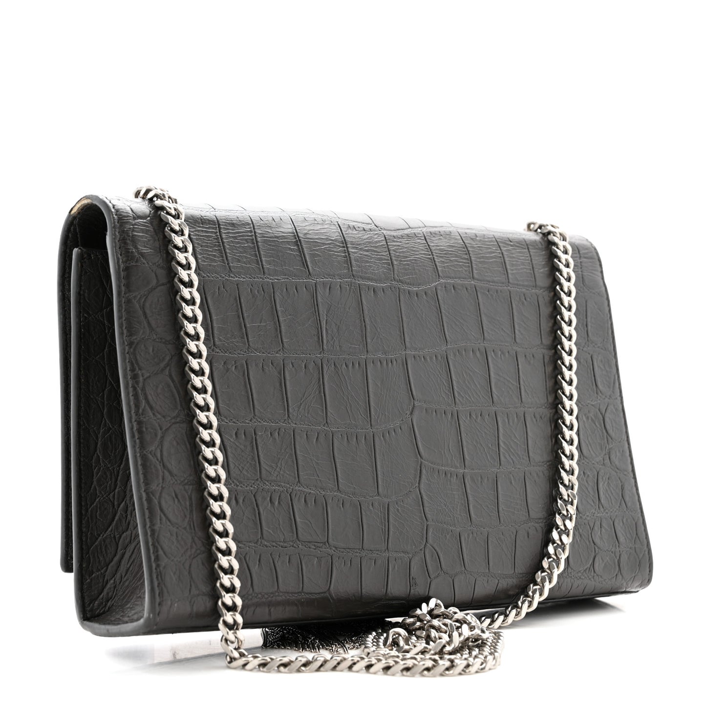 Calfskin Crocodile Embossed Medium Classic Monogram Kate Tassel Satchel Storm