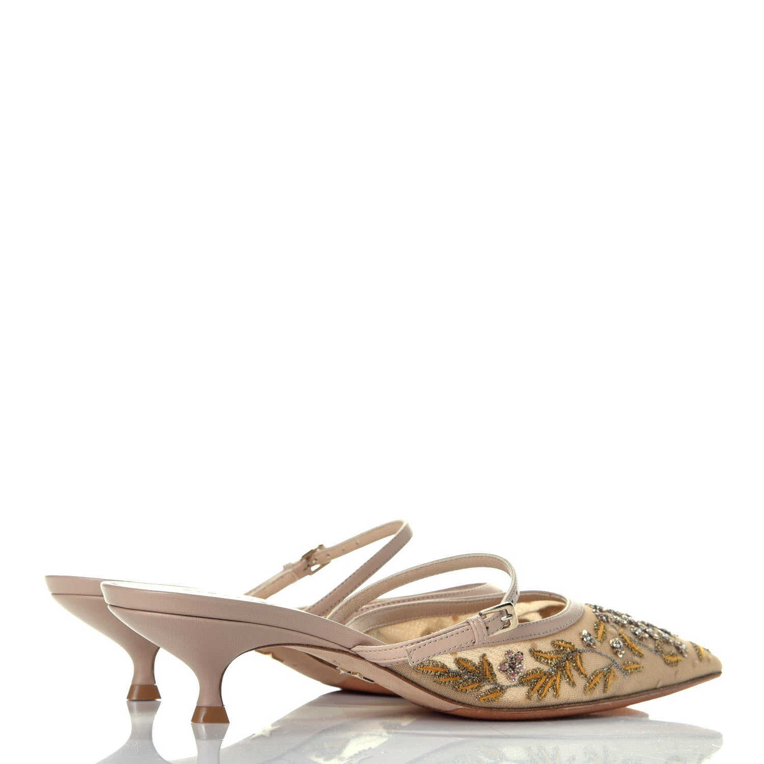 Christian Dior Fabric Embroidered Flower Dioreve Slingback Pumps 38 Gold 4 of 7