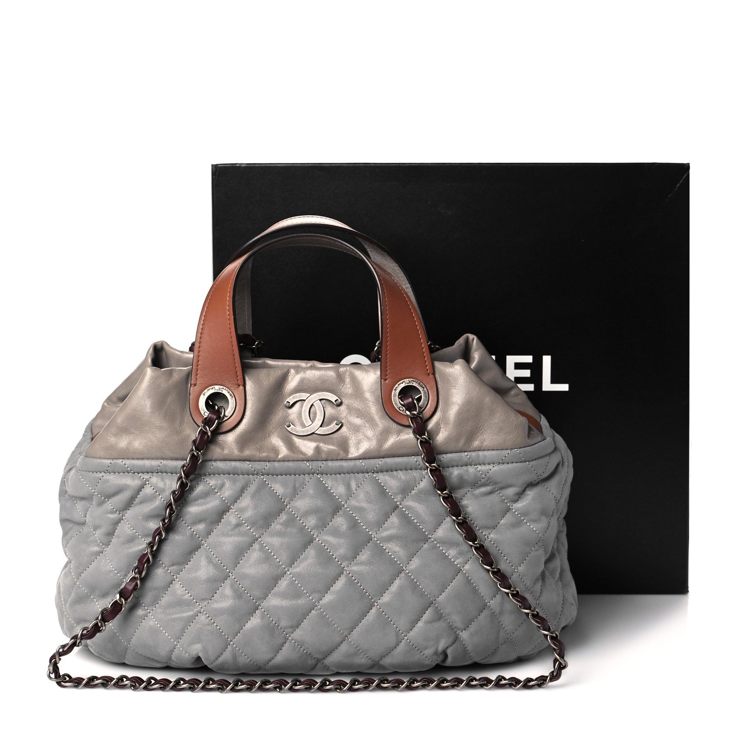 Iridescent Calfskin Quilted Small In The Mix Tote Grey