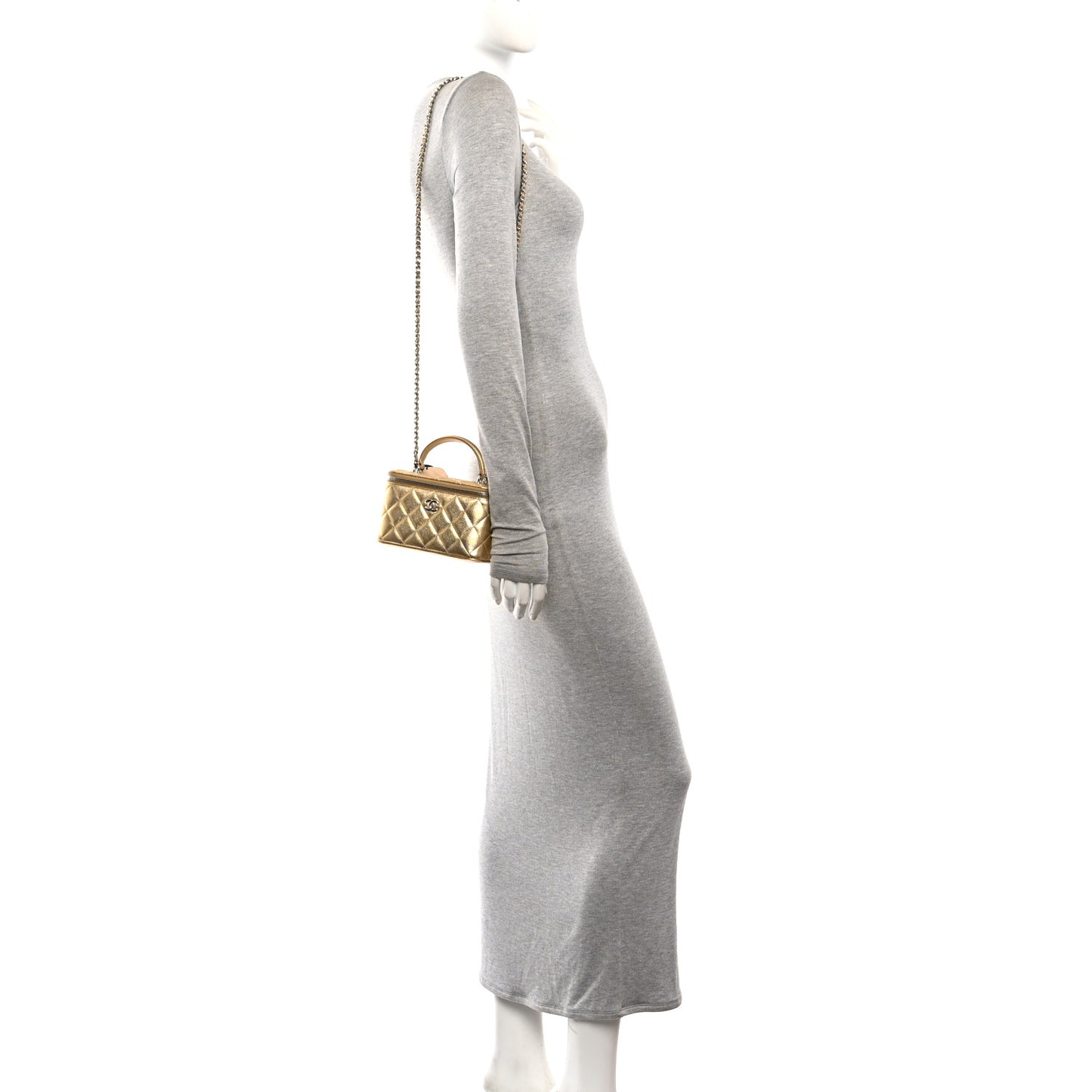 Metallic Caviar Quilted Small Top Handle Vanity Case With Chain Gold