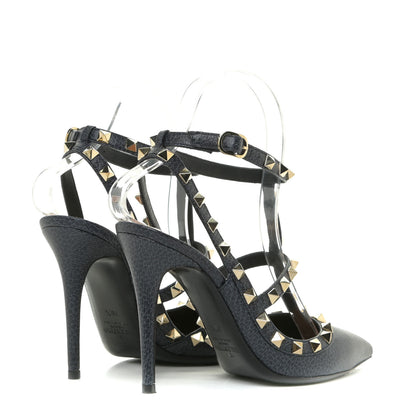 Valentino Garavani Pebbled Calfskin Rockstud Ankle Strap 100mm Pumps 36.5 Deep Denim 5 of 14