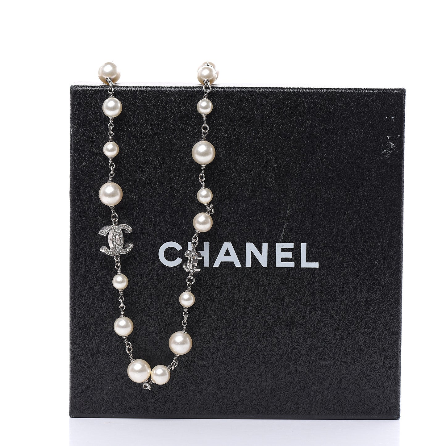 Crystal Pearl CC Long Necklace Silver