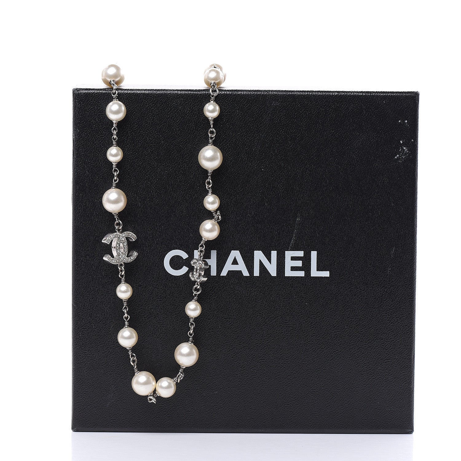 Chanel Crystal Pearl CC Long Necklace Silver 7 of 7