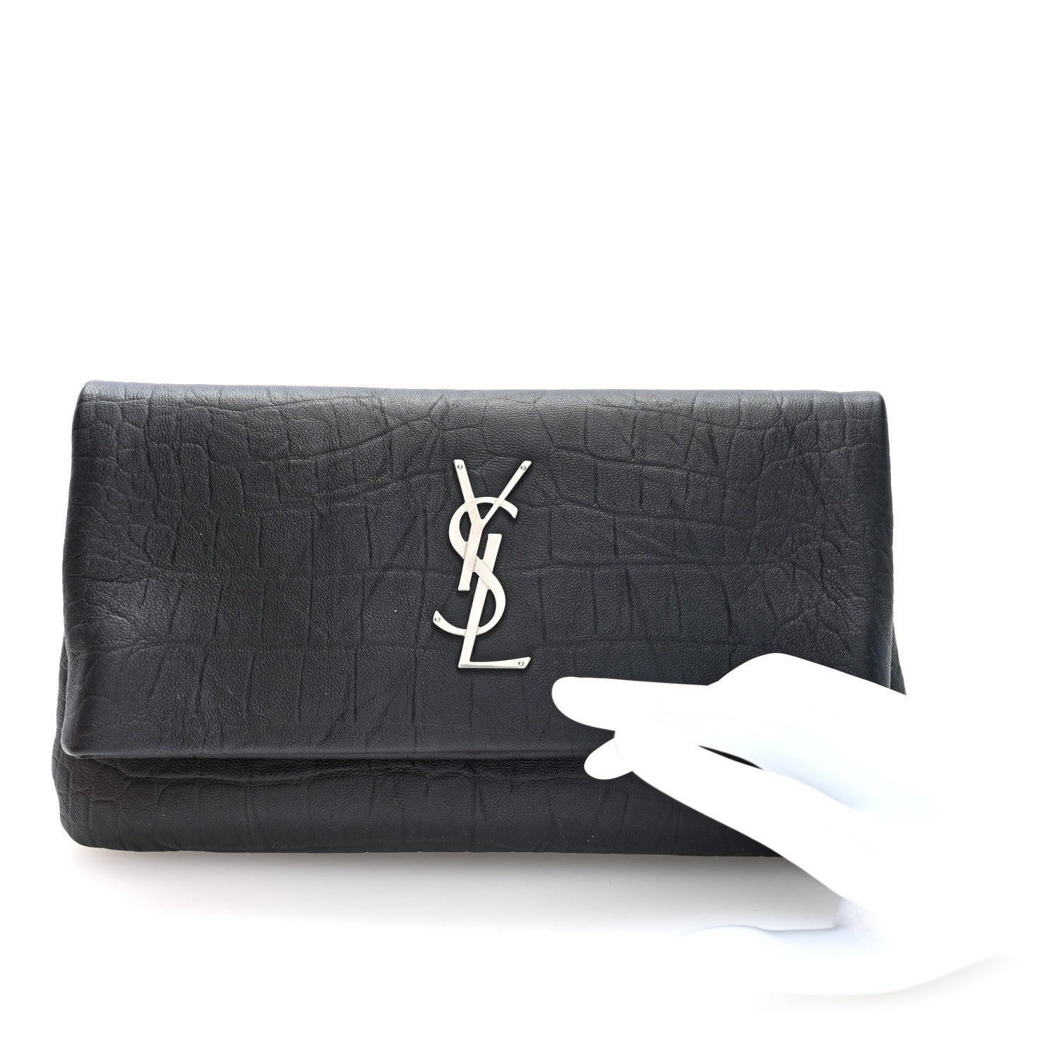 Saint Laurent Calfskin Crocodile Embossed West Hollywood Monogram Fold Over Clutch Black 2 of 6