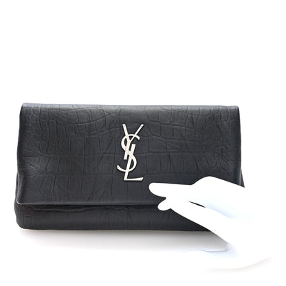 Saint Laurent Calfskin Crocodile Embossed West Hollywood Monogram Fold Over Clutch Black 2 of 6