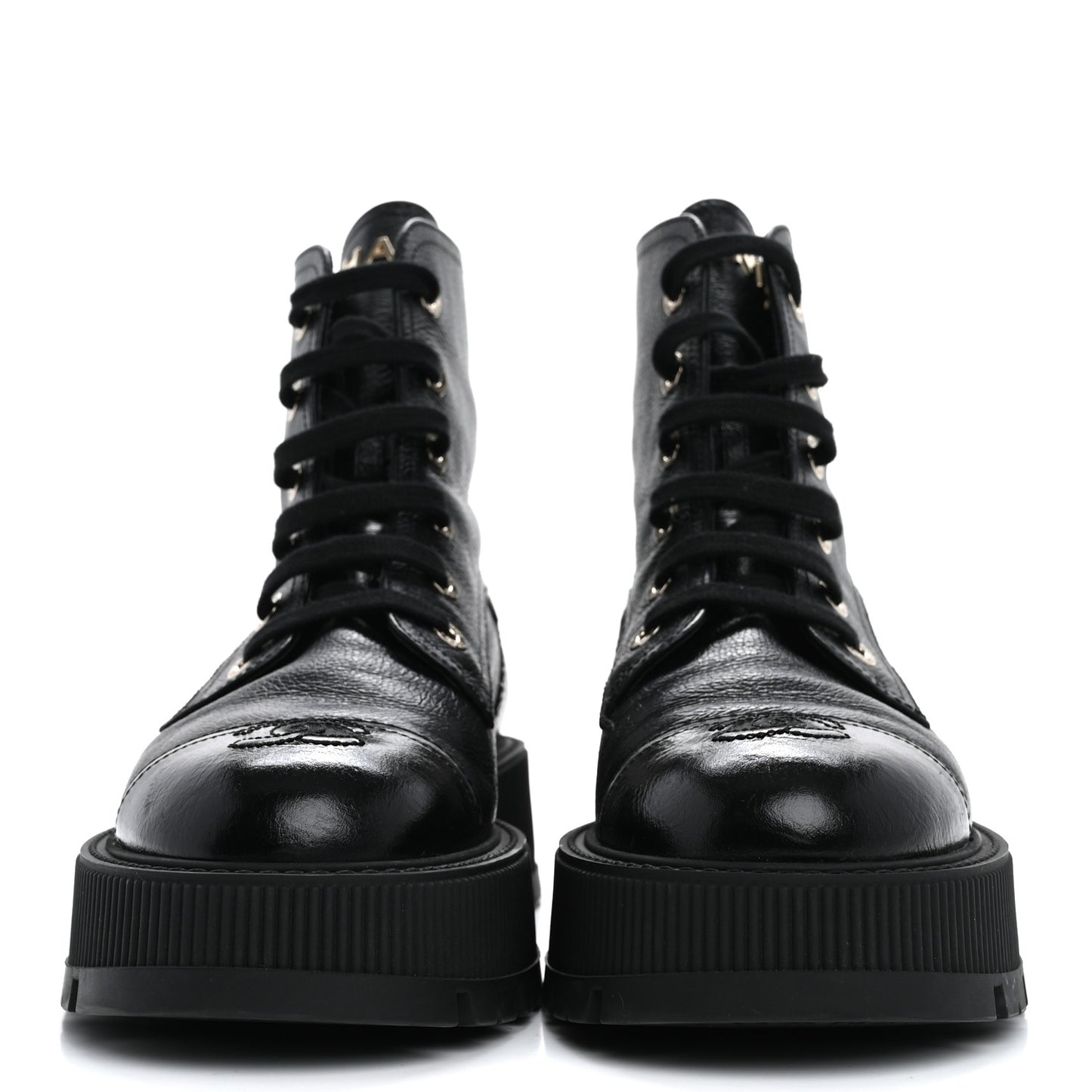 Grained Calfskin Shiny Calfskin CC Lace Up Combat Boots 40 Black