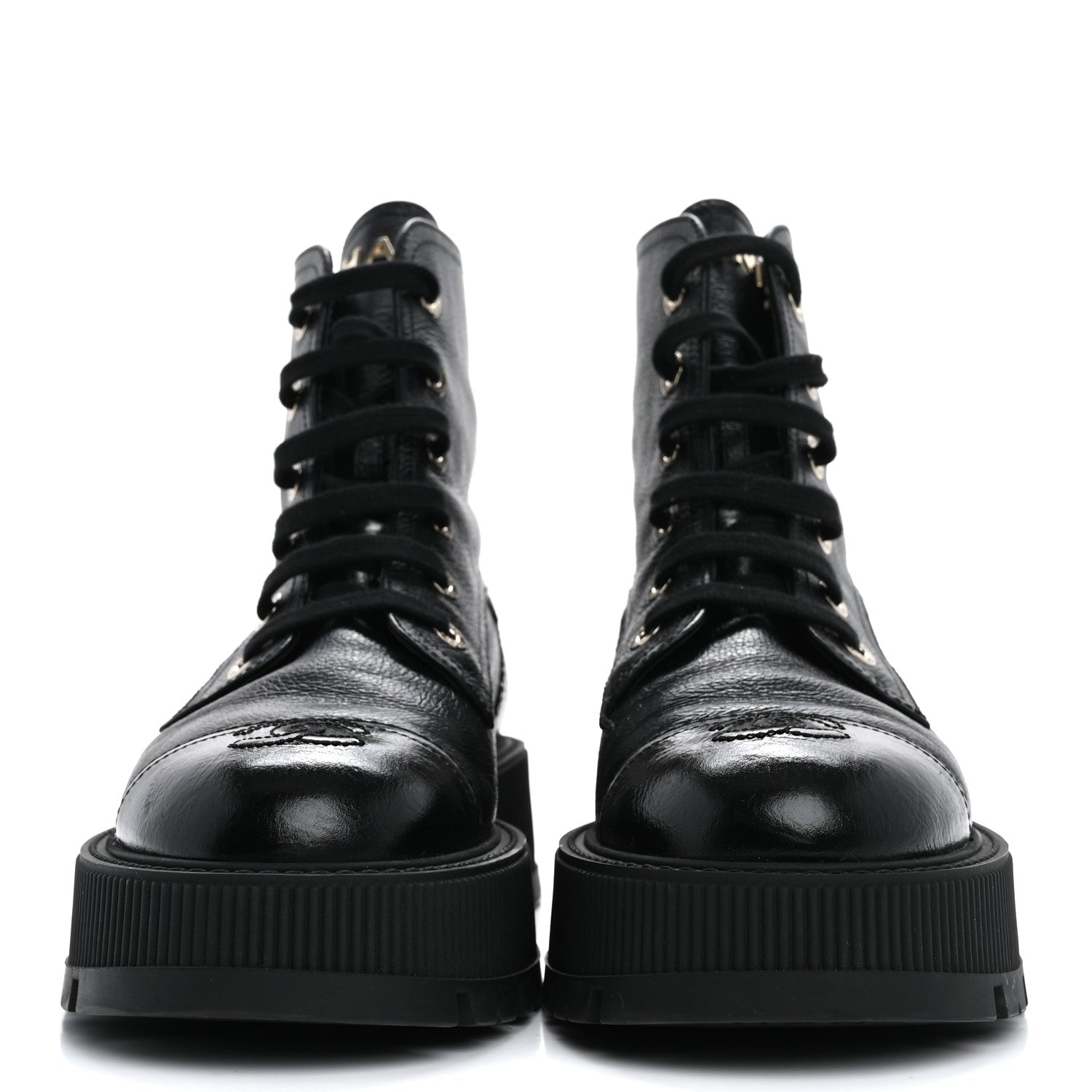 Chanel Grained Calfskin Shiny Calfskin CC Lace Up Combat Boots 40 Black 3 of 14