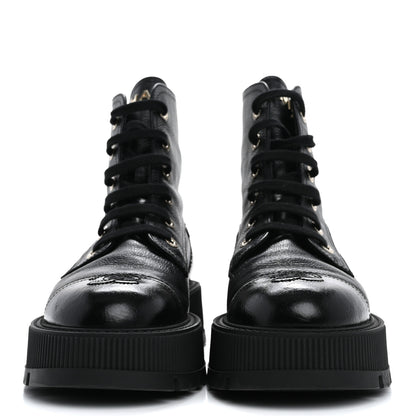 Chanel Grained Calfskin Shiny Calfskin CC Lace Up Combat Boots 40 Black 3 of 14