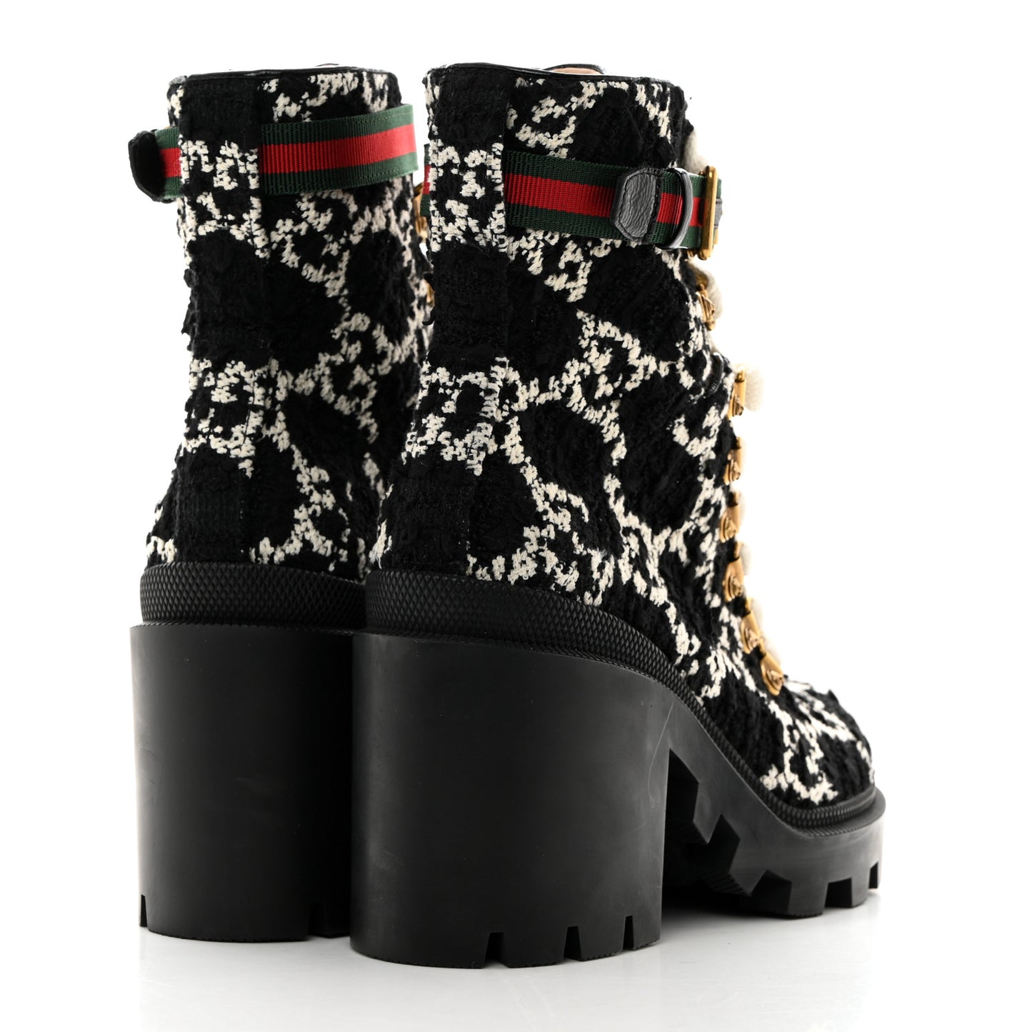 Tweed GG Monogram Lace Up Combat Ankle Boots 37.5 Black