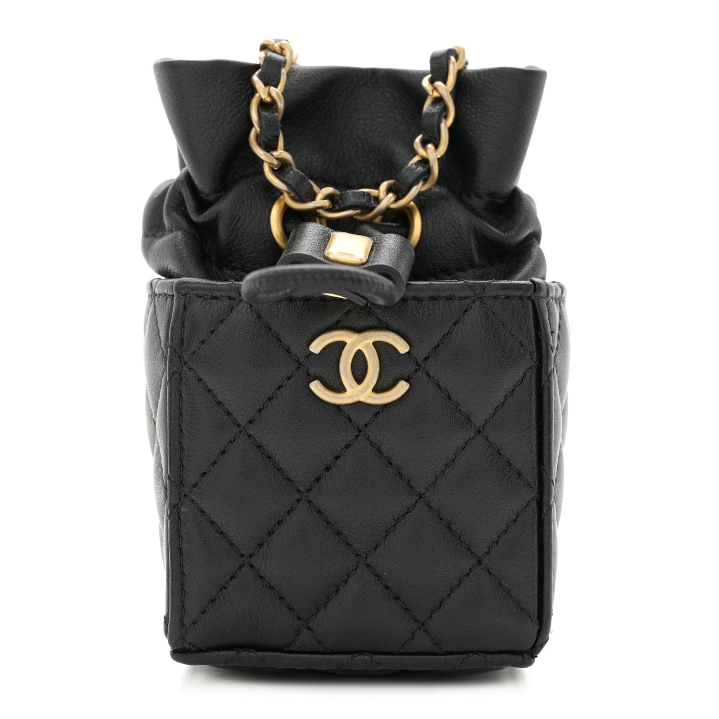 Calfskin Quilted Mini Drawstring Bucket Bag Black