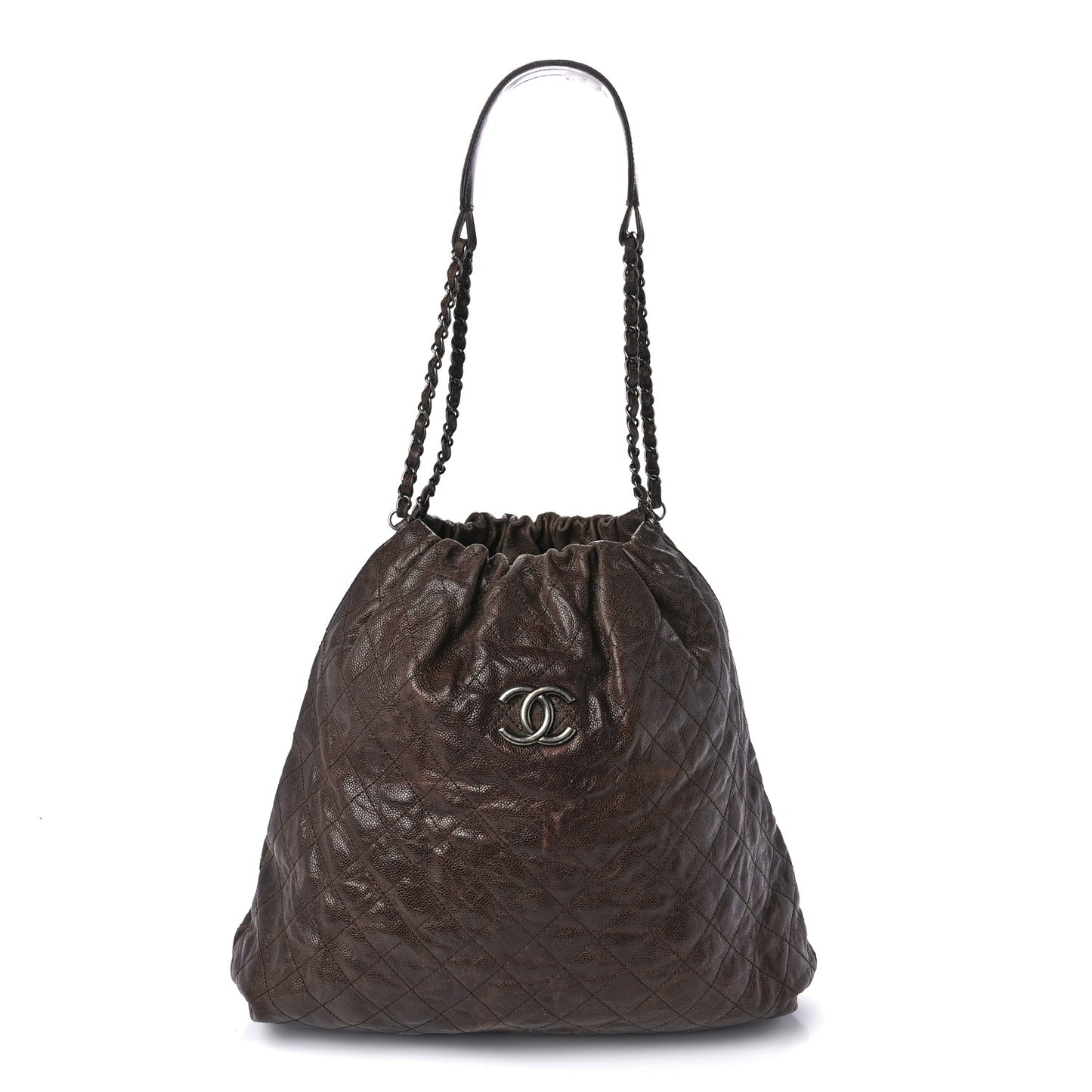 Distressed Glazed Caviar Quilted Large Elastic Tote Brown