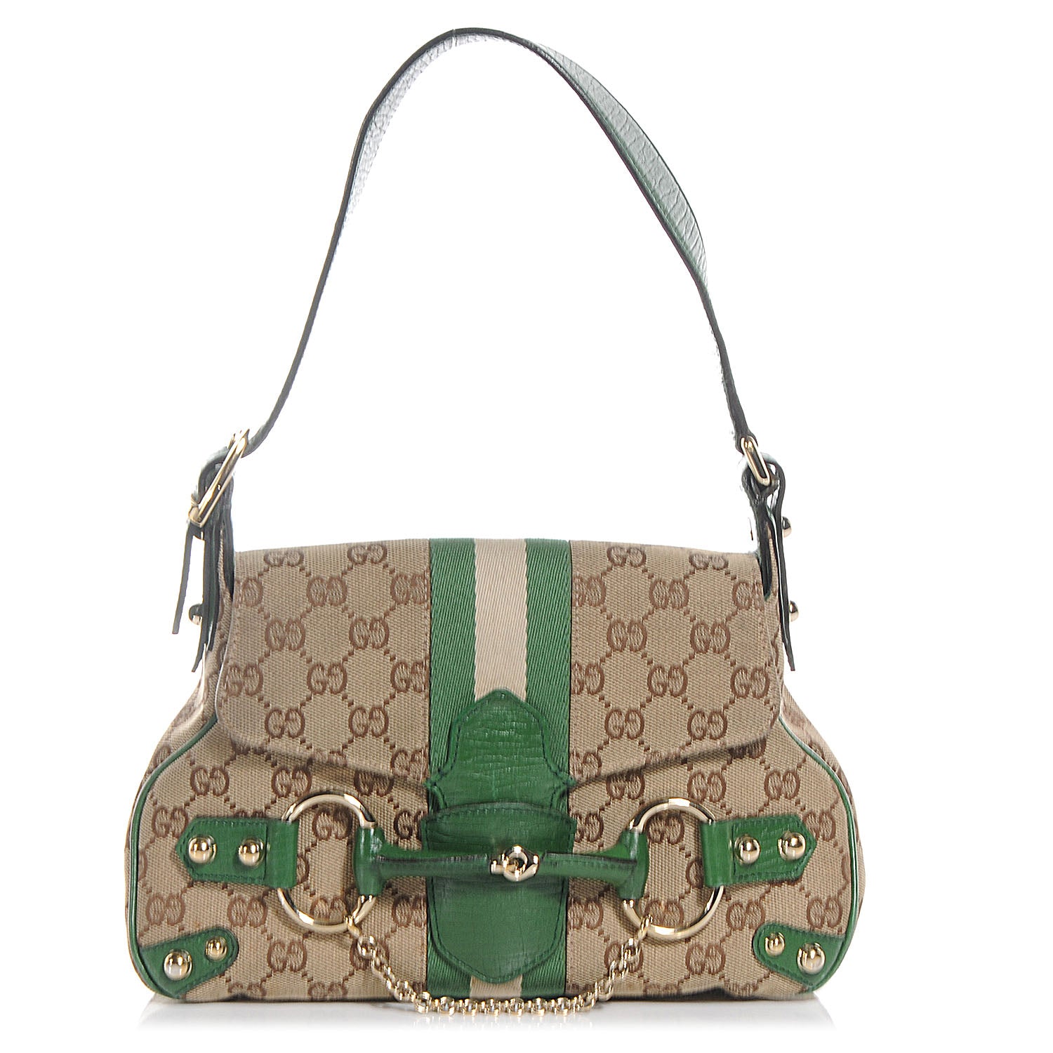 Gucci Monogram Horsebit Web Flap Bag Green 1 of 9
