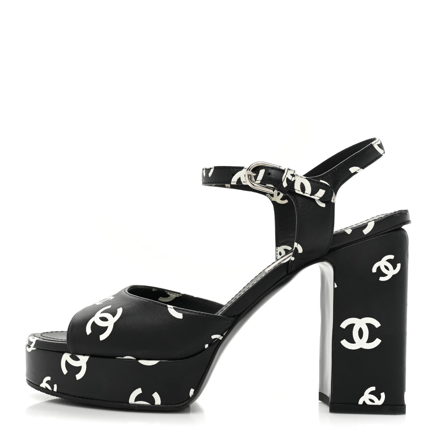 Printed Lambskin CC Platform Sandals 38 Black White