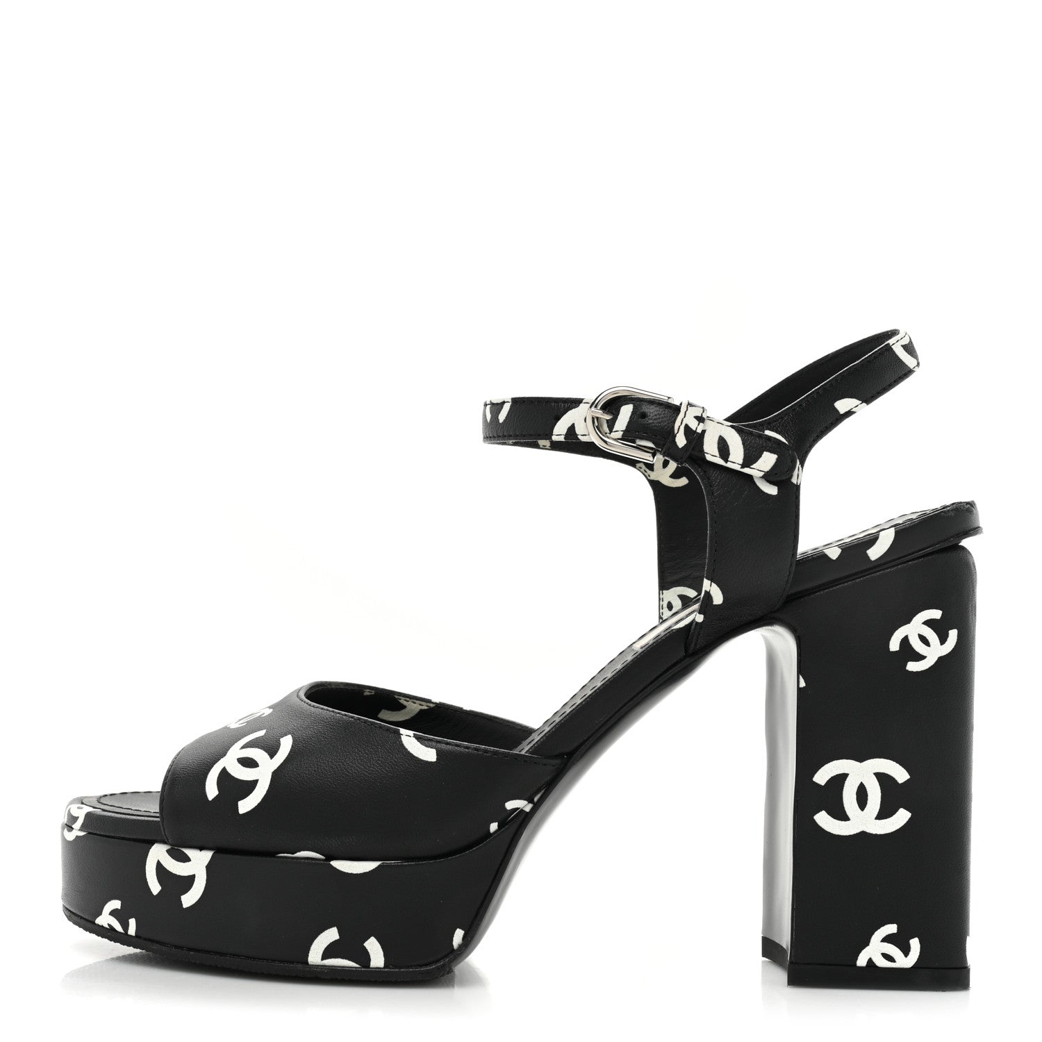 Chanel Printed Lambskin CC Platform Sandals 38 Black White 1 of 15