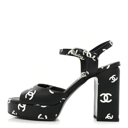 Chanel Printed Lambskin CC Platform Sandals 38 Black White 1 of 15