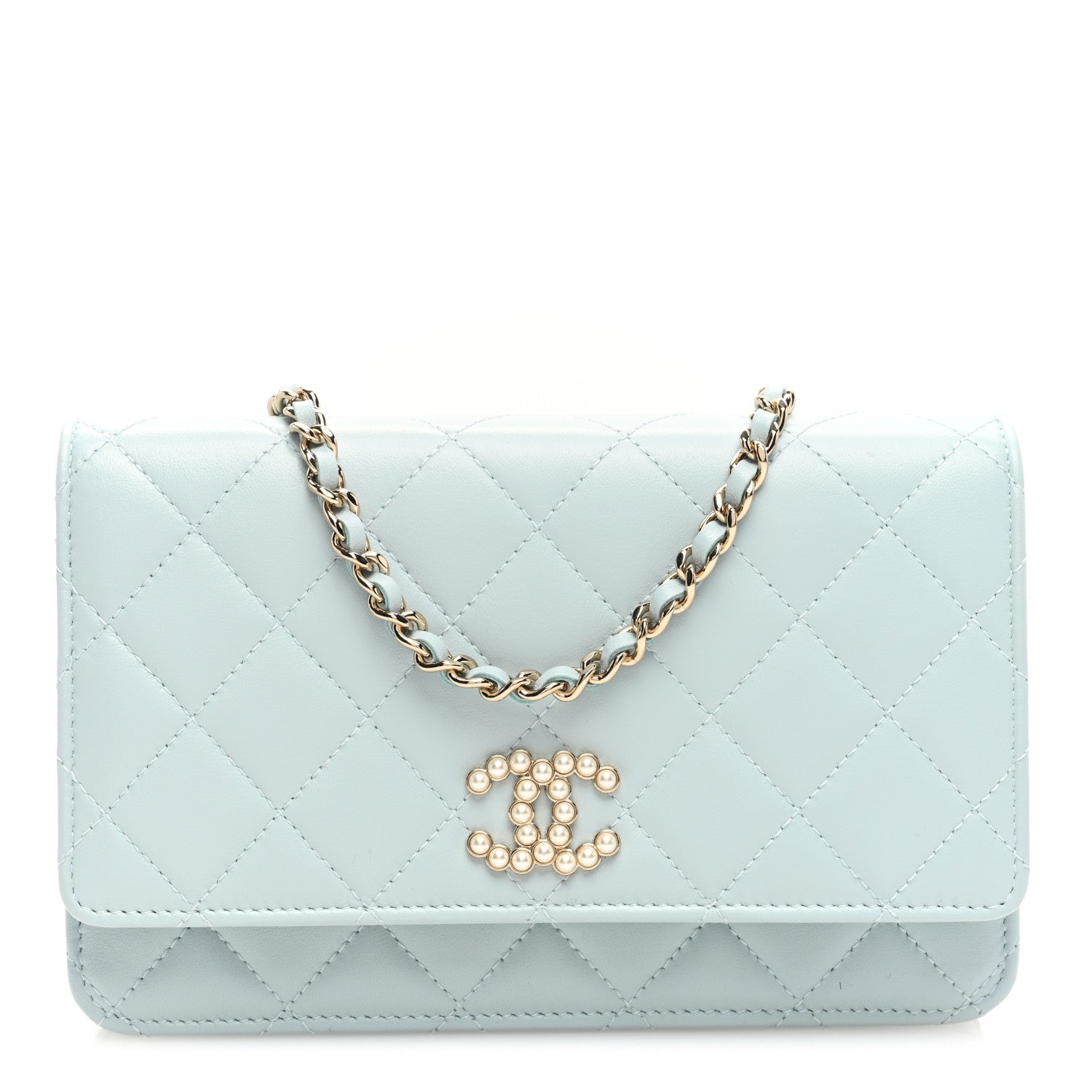Chanel Lambskin Quilted Pearl CC Wallet on Chain WOC Light Blue 1 of 11
