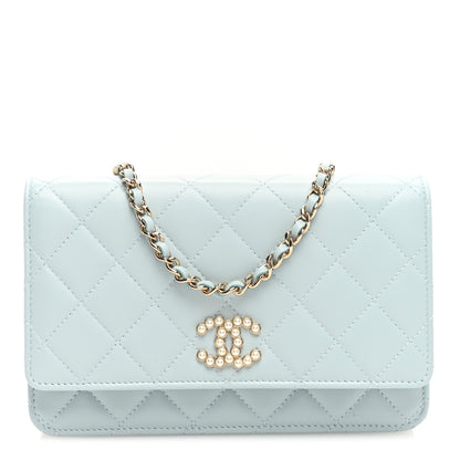 Chanel Lambskin Quilted Pearl CC Wallet on Chain WOC Light Blue 1 of 11