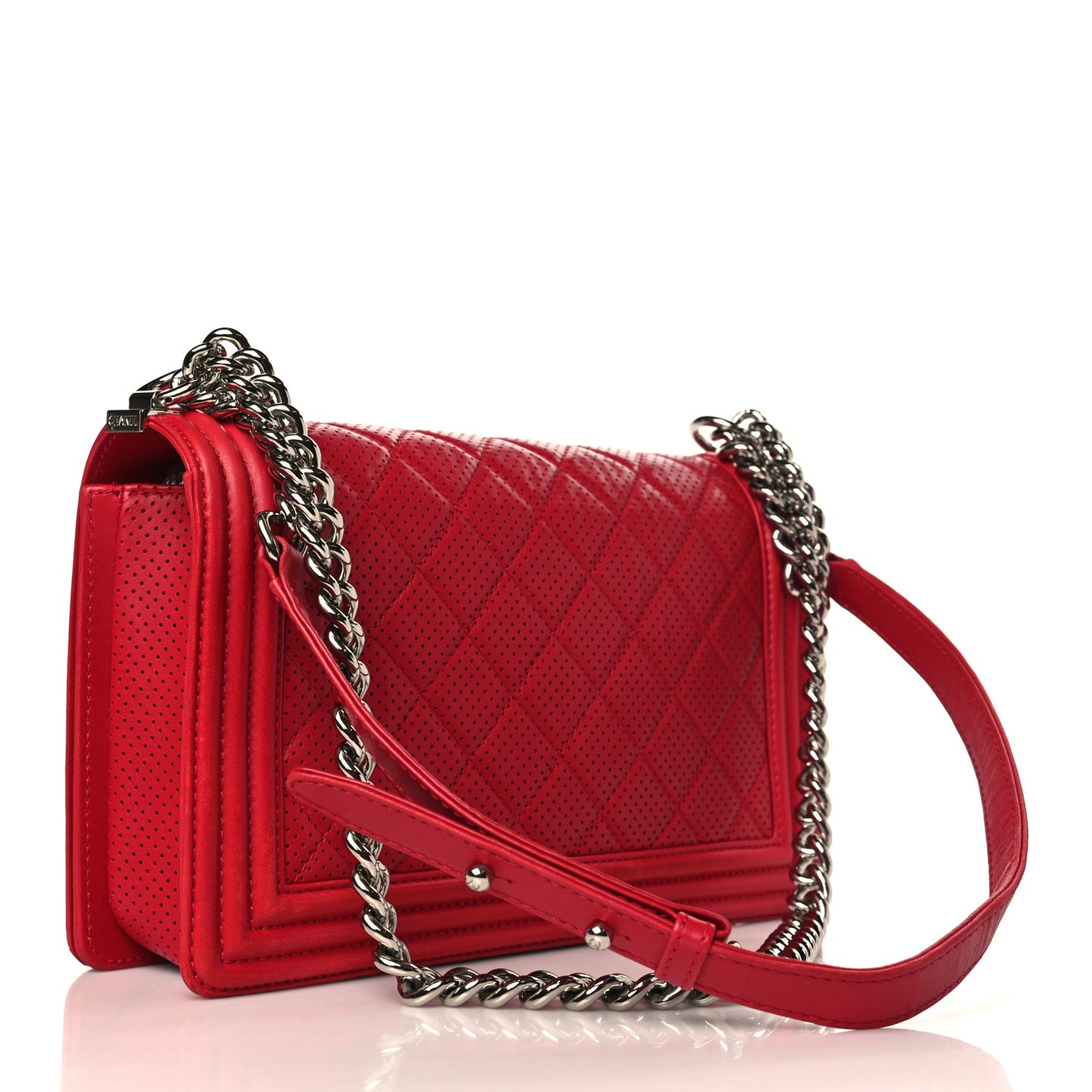 Perforated Lambskin Quilted Medium Boy Flap Red