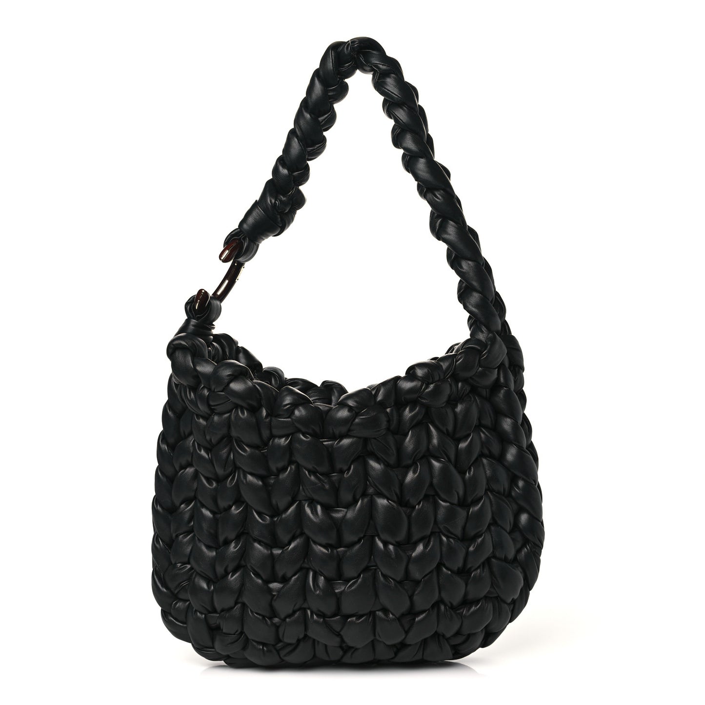 Lambskin Woven Wooden C Shoulder Bag Black