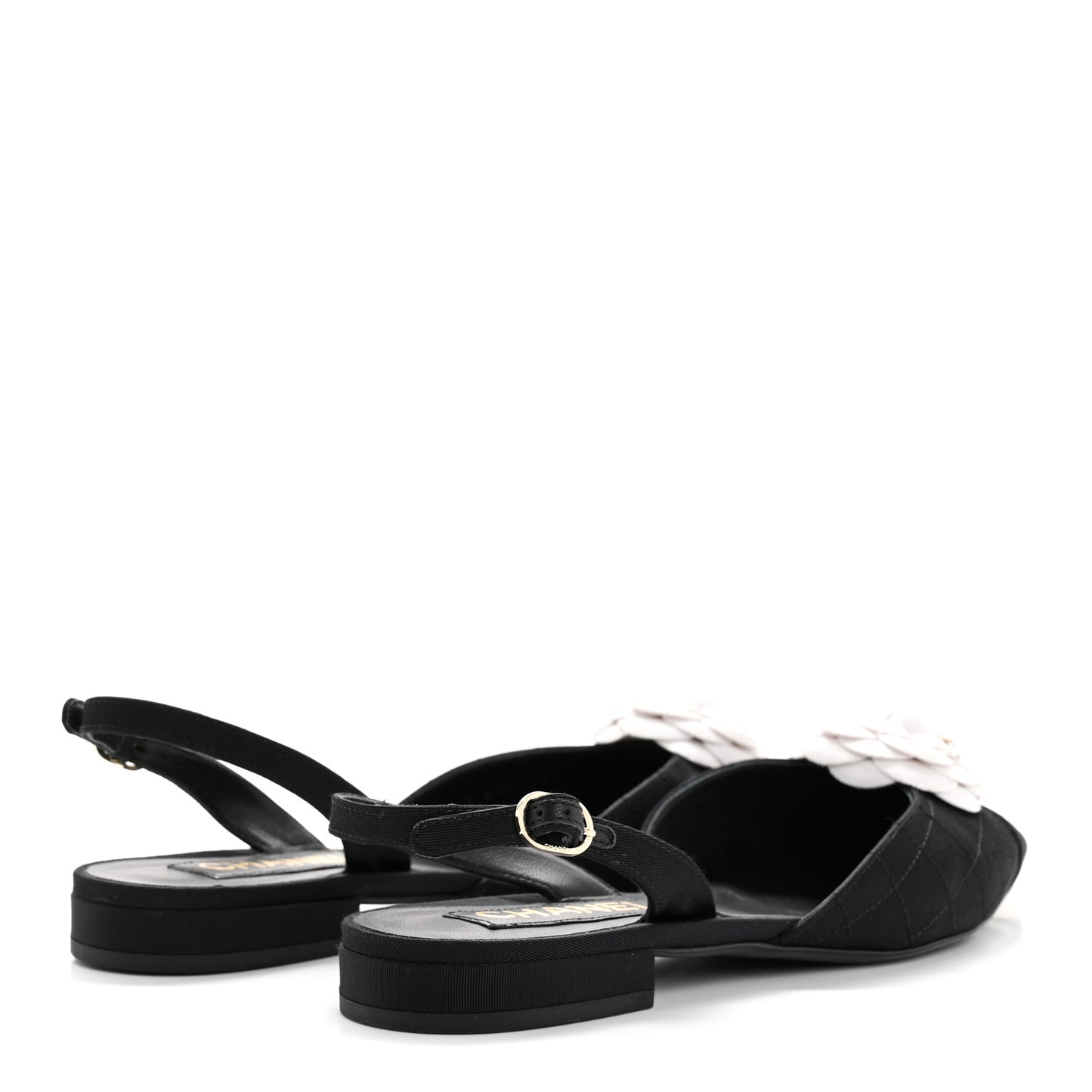 Grosgrain Camellia Slingback Flats 39.5 Black White