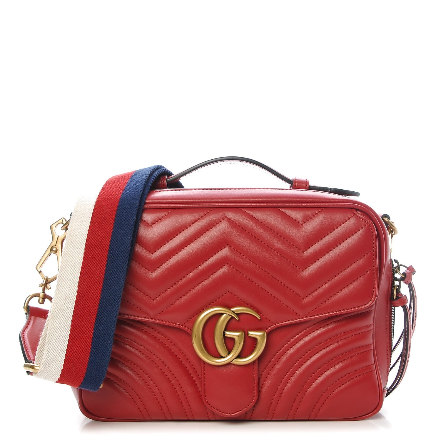 Gucci Calfskin Matelasse Sylvie Web Small GG Marmont Top Handle Shoulder Bag Hibiscus Red 1 of 8