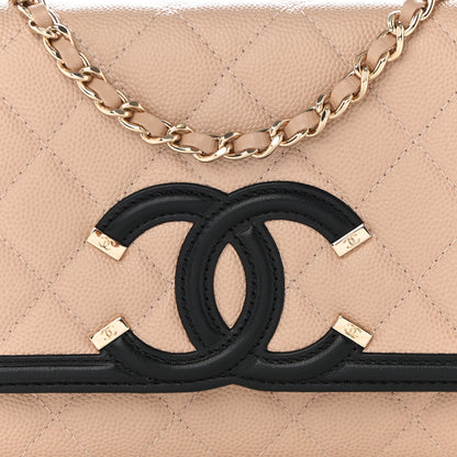 Chanel Caviar Quilted CC Filigree Wallet On Chain WOC Beige Black 9 of 12