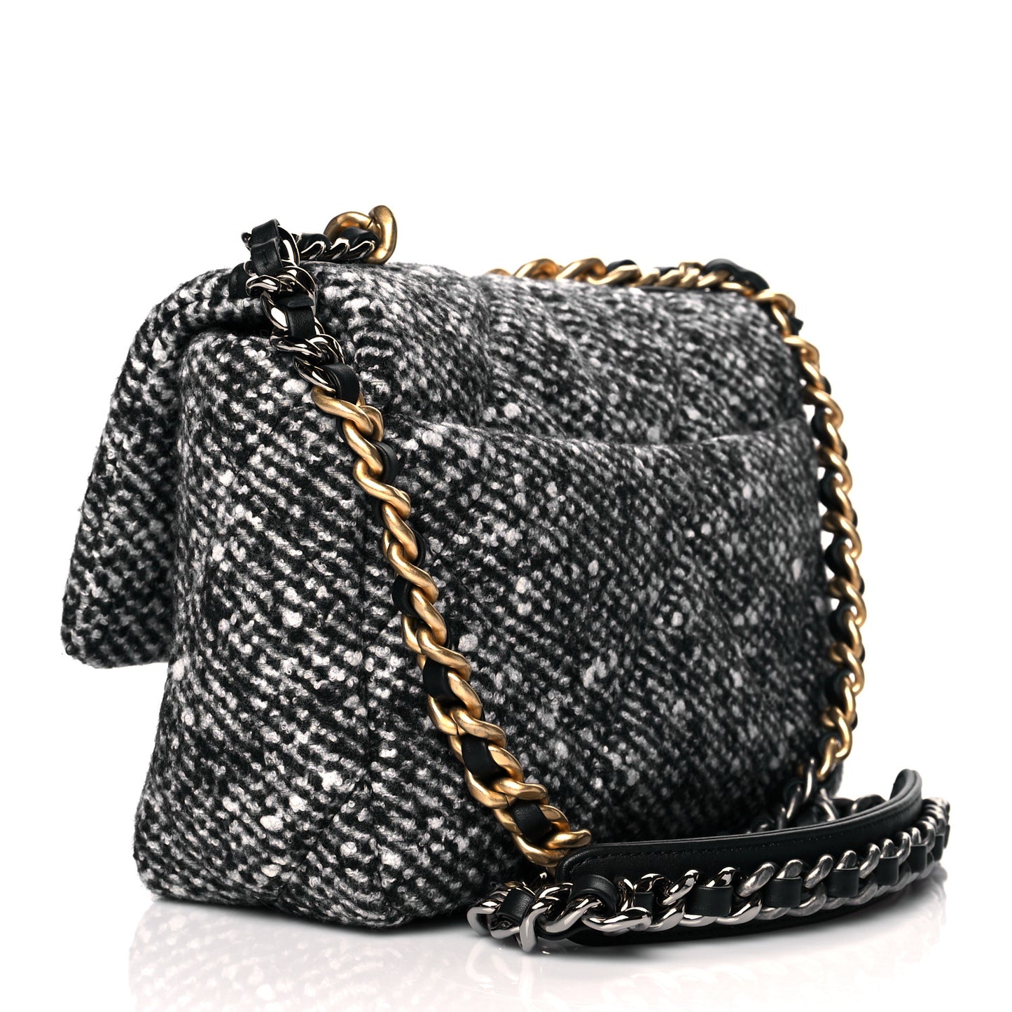 Tweed Quilted Medium Chanel 19 Flap Black White