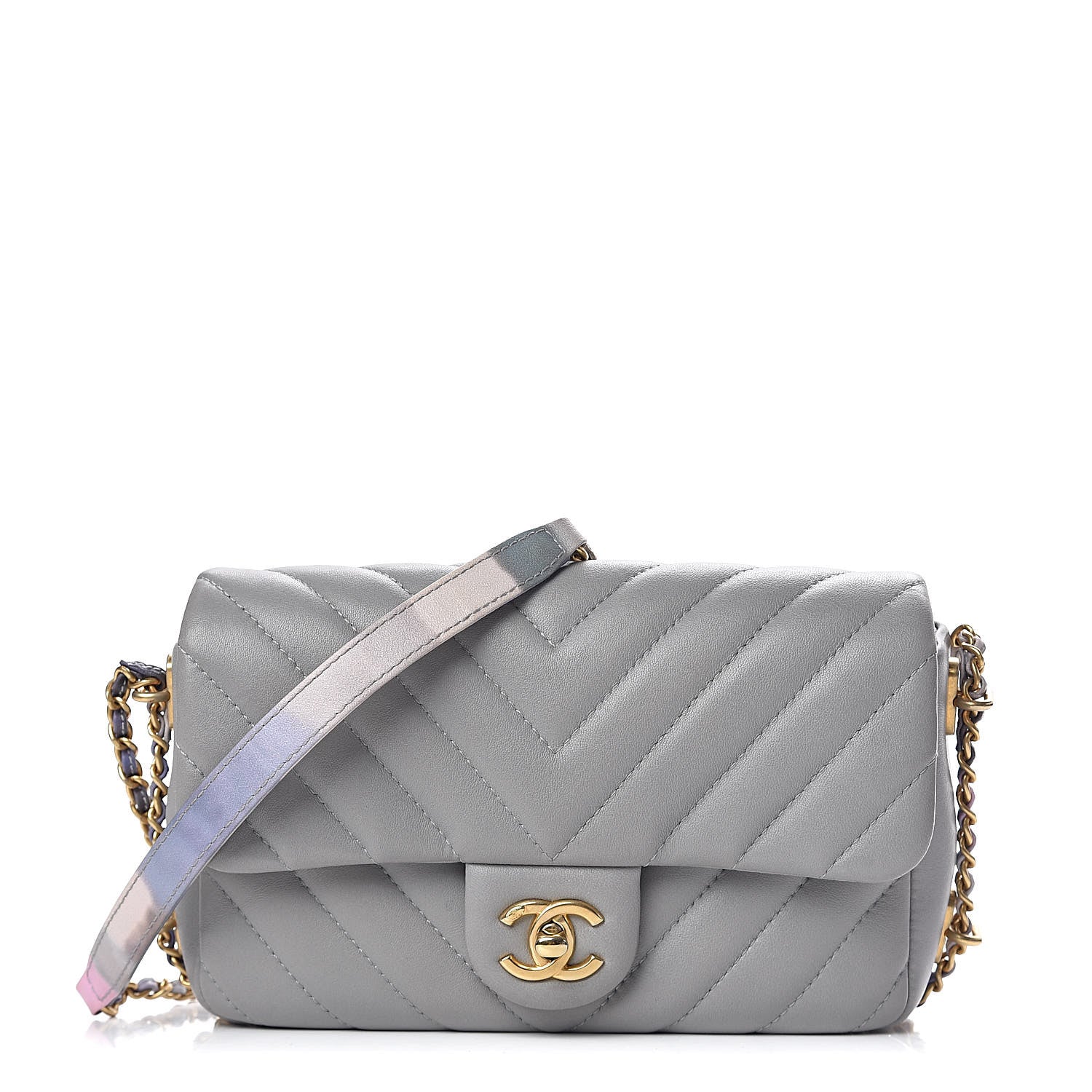 Chanel Lambskin Chevron Quilted Chain Around Mini Rectangular Flap Grey 1 of 10