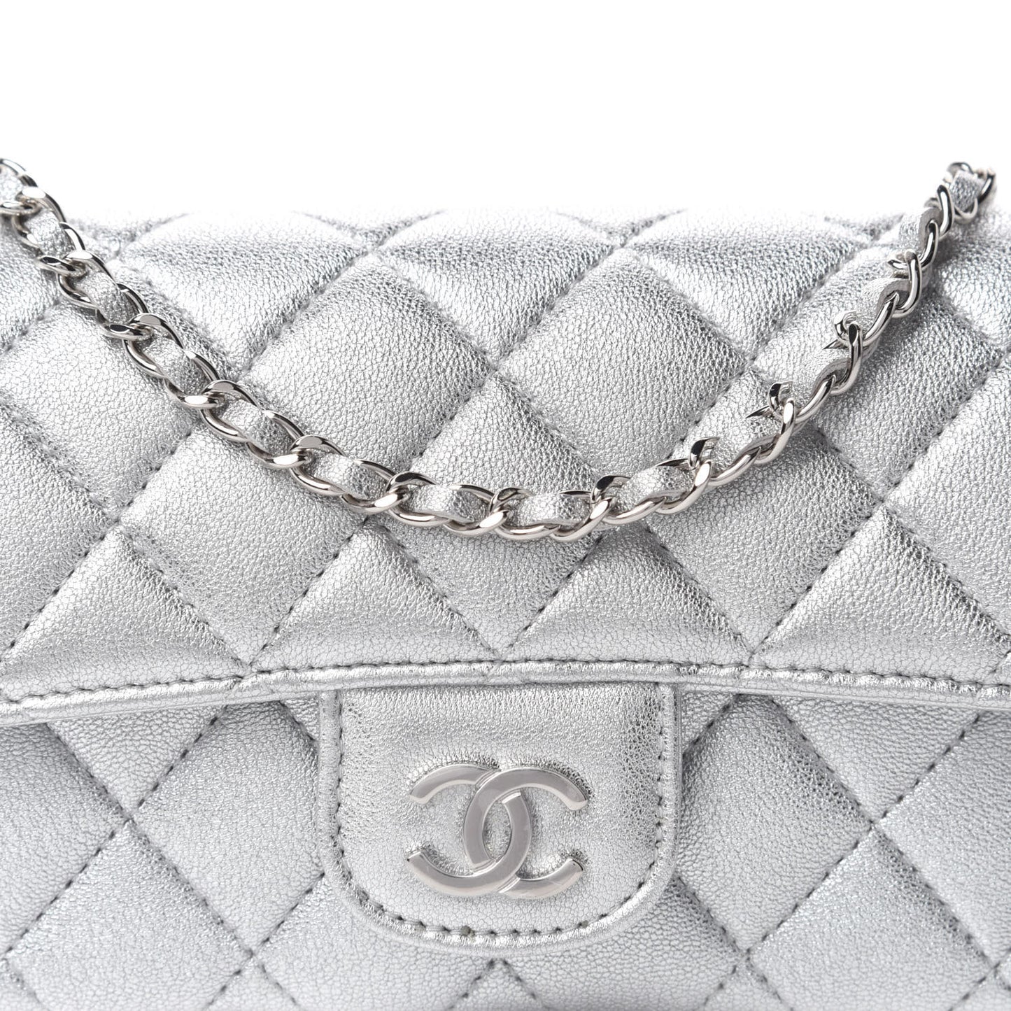 Metallic Lambskin Quilted Glasses Case With Chain Silver