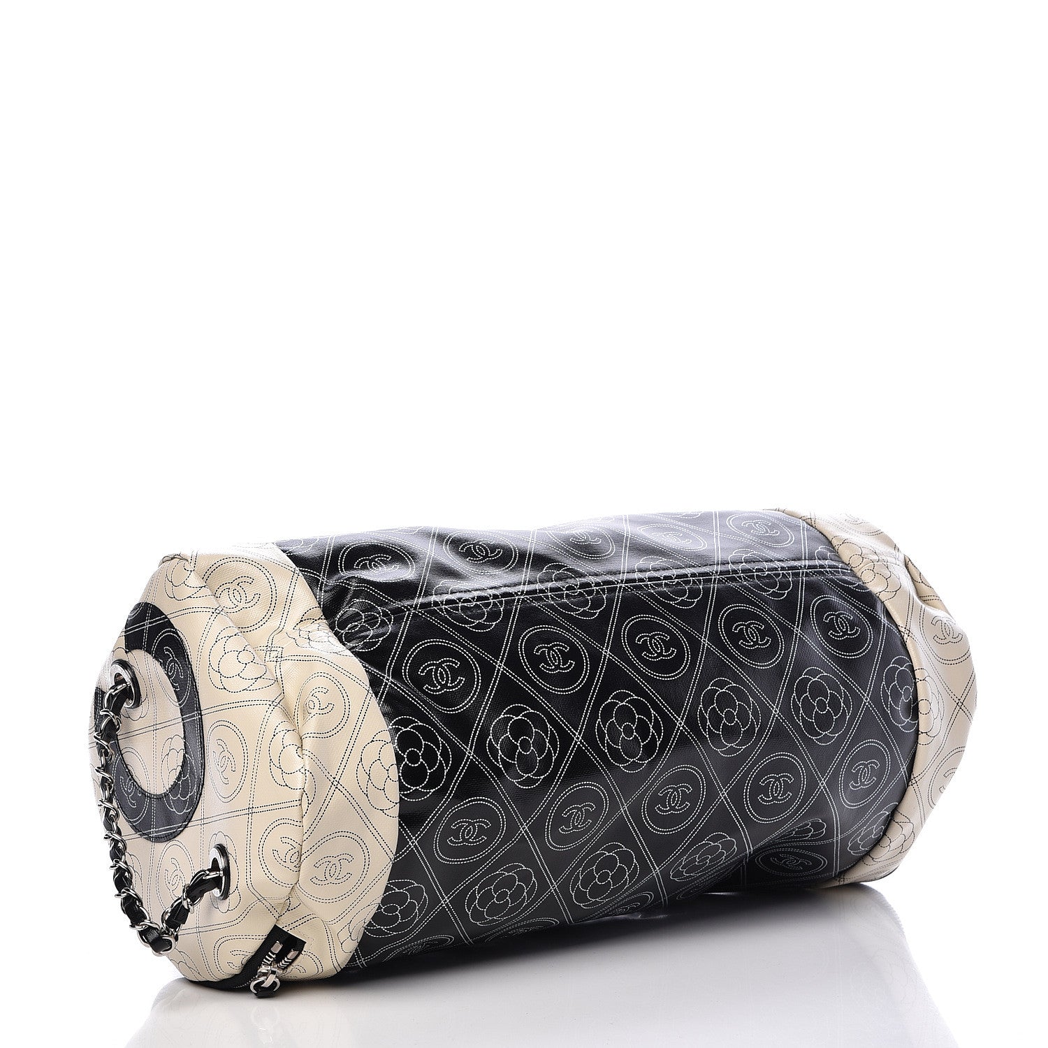 Chanel Coated Canvas Camellia Printed Calfskin Bowling Bag Black Beige 5 of 12
