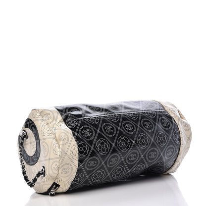 Chanel Coated Canvas Camellia Printed Calfskin Bowling Bag Black Beige 5 of 12