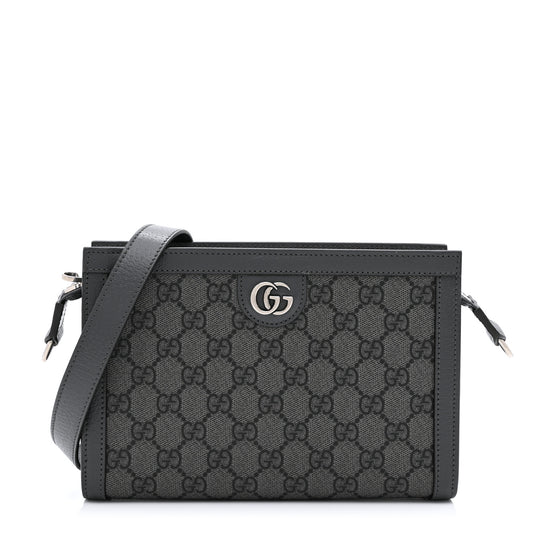 GG Supreme Monogram Textured Dollar Calfskin Web Small Ophidia Shoulder Bag  Grey Black Graphite Grey