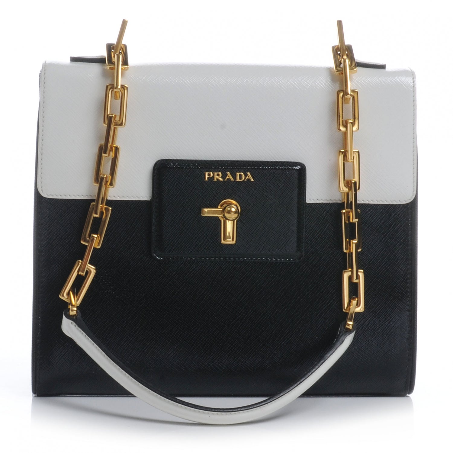 Prada Saffiano Vernice Chain Shoulder Bag Black White 1 of 7