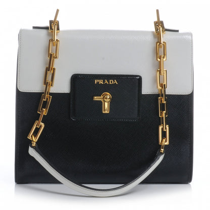 Prada Saffiano Vernice Chain Shoulder Bag Black White 1 of 7