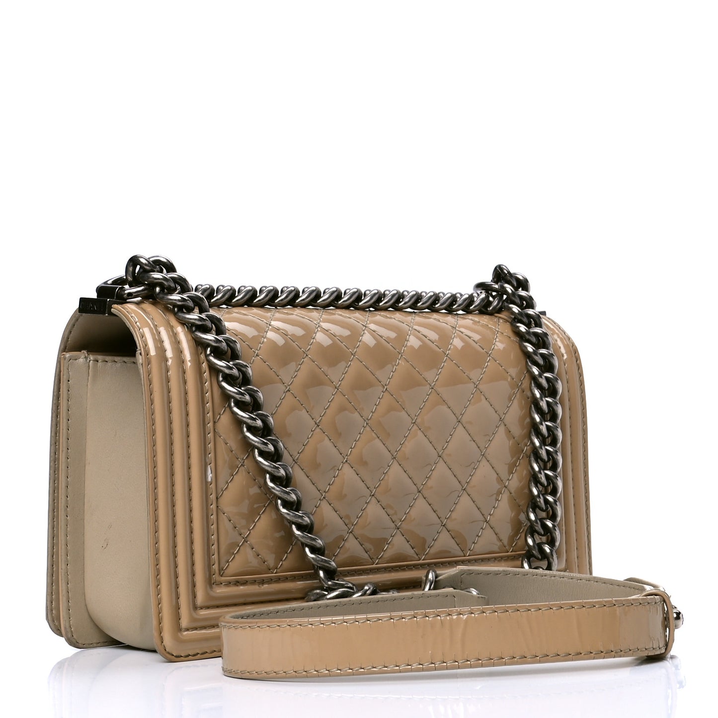Patent Calfskin Enamel Quilted Medium Boy Flap Beige