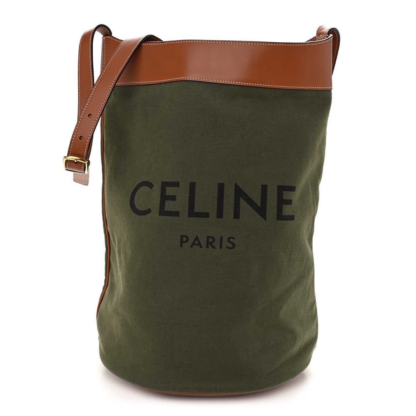 Canvas Smooth Calfskin Medium Bucket Bag Khaki Tan
