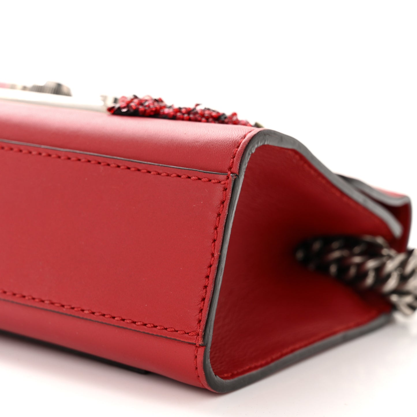 Calfskin Bee Embroidered Small Padlock Shoulder Bag Hibiscus Red