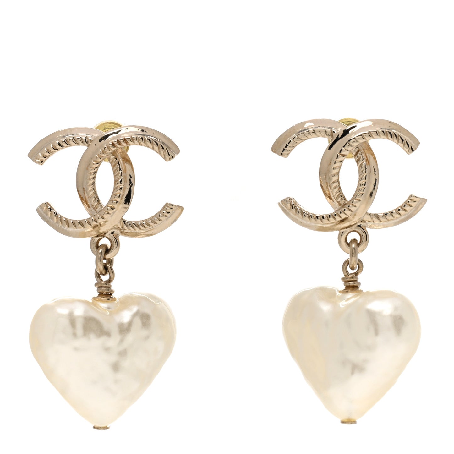 Pearl CC Heart Drop Earrings Gold