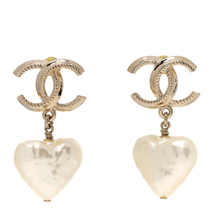 Chanel Pearl CC Heart Drop Earrings Gold 1 of 4